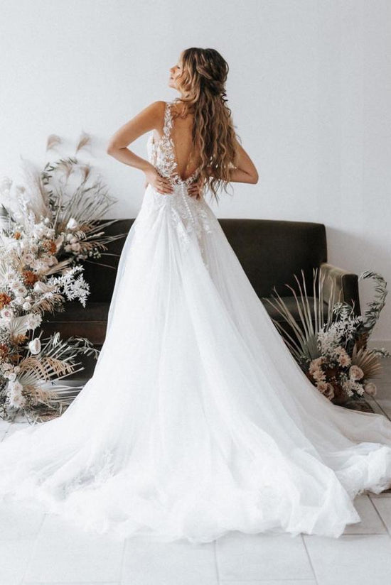 Boho Long A-line V-neck Lace Tulle Backless Wedding Dresses-BIZTUNNEL