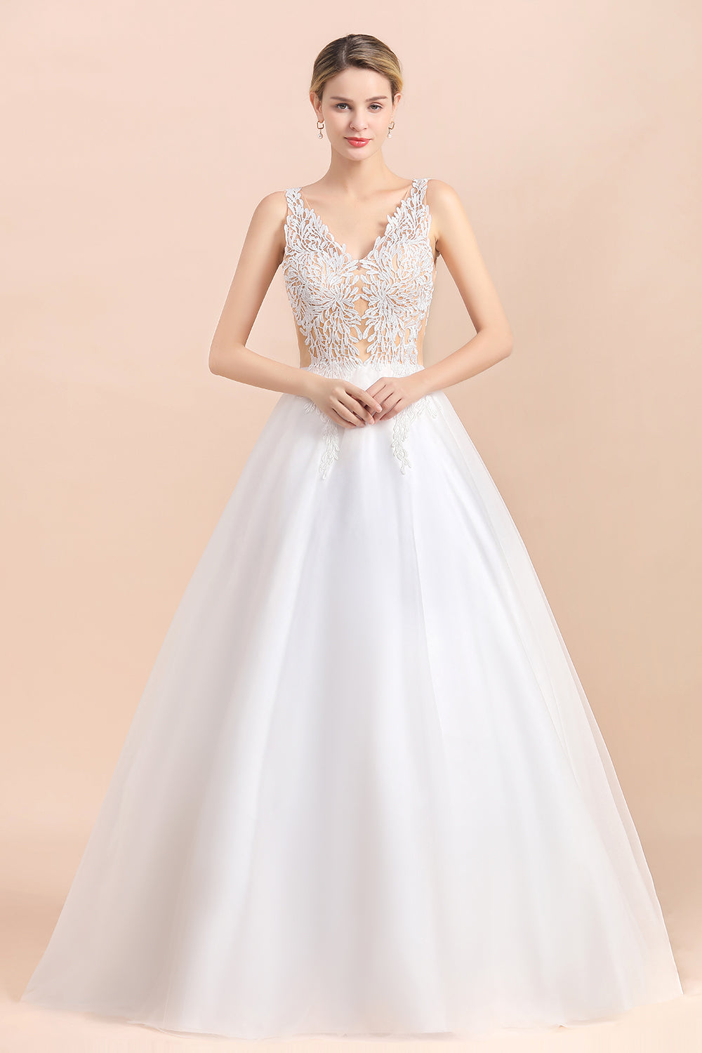 Laden Sie das Bild in den Galerie-Viewer, Boho Long A-line V-Neck Straps Tulle Appliques Lace Wedding Dress-BIZTUNNEL
