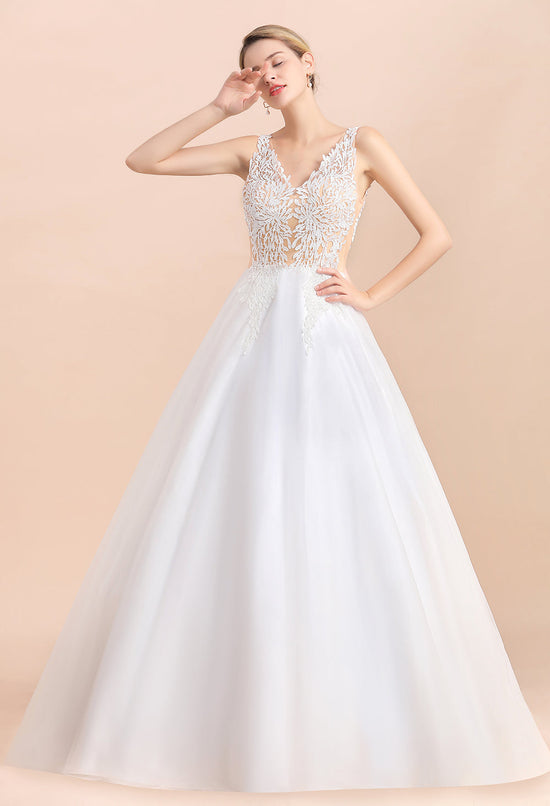 Carregar imagem no visualizador da galeria, Boho Long A-line V-Neck Straps Tulle Appliques Lace Wedding Dress-BIZTUNNEL
