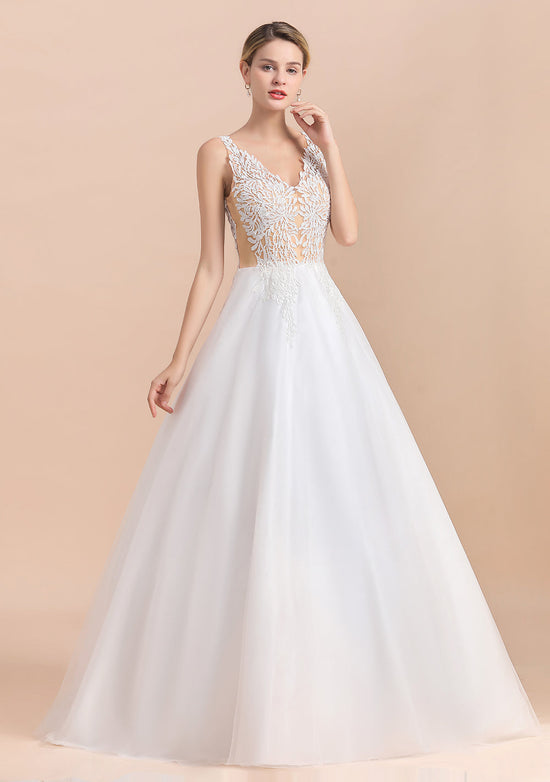 Laden Sie das Bild in den Galerie-Viewer, Boho Long A-line V-Neck Straps Tulle Appliques Lace Wedding Dress-BIZTUNNEL
