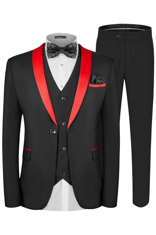 Borg Formal Black Three Pieces Wedding Suits With Red Shawl Lapel