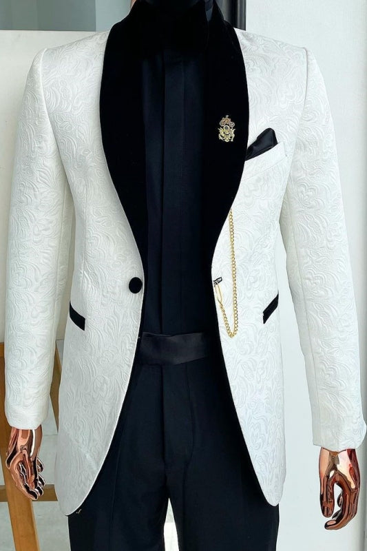 Borg Slim Fit White Jacquard Wedding Suits With Black Shawl Lapel