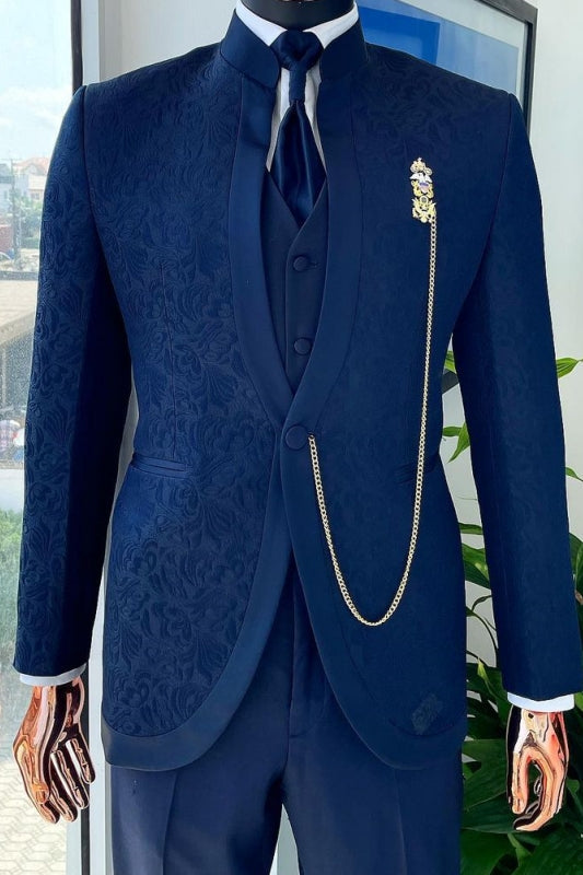 Bowen Classic Navy Blue Shawl Lapel Three Pieces Wedding Suits