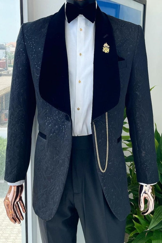 Boyce Formal Dark Navy Jacquard Wedding Suits With Black Lapel
