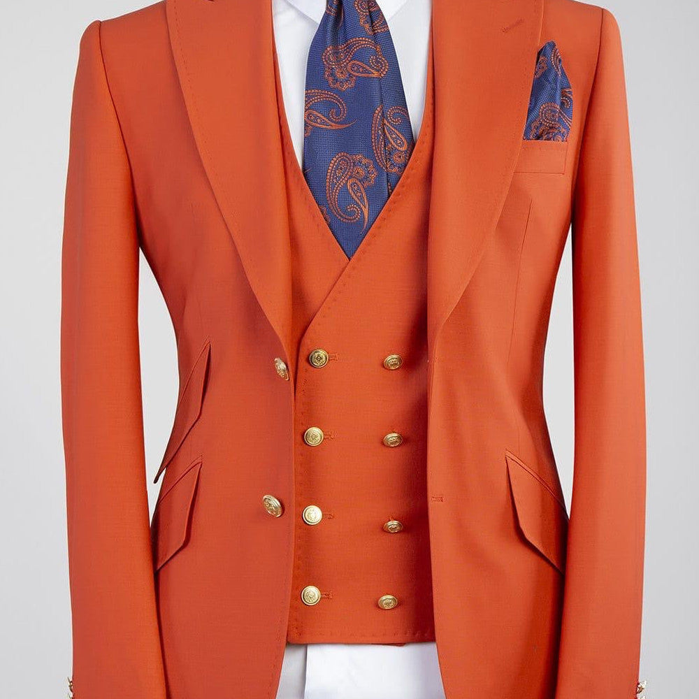 Bradford Fashion Orange Peaked Lapel Three Pieces Men Suits