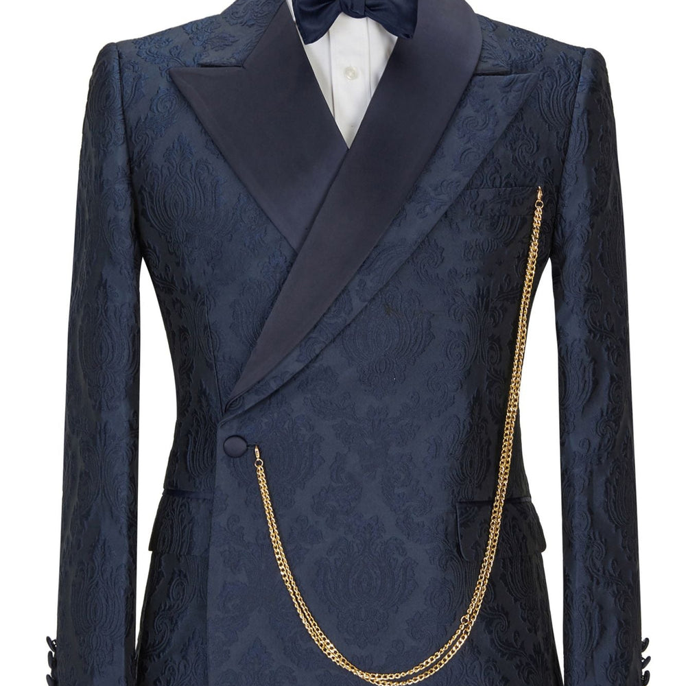 Brandon New Arrival Navy Blue Slim Fit Jacquard Peaked Lapel Wedding Men Suits