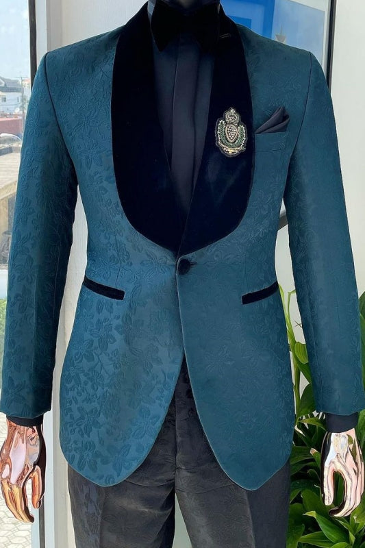 Brayden Newest Ocean Blue Shawl Lapel Jacquard Wedding Suits