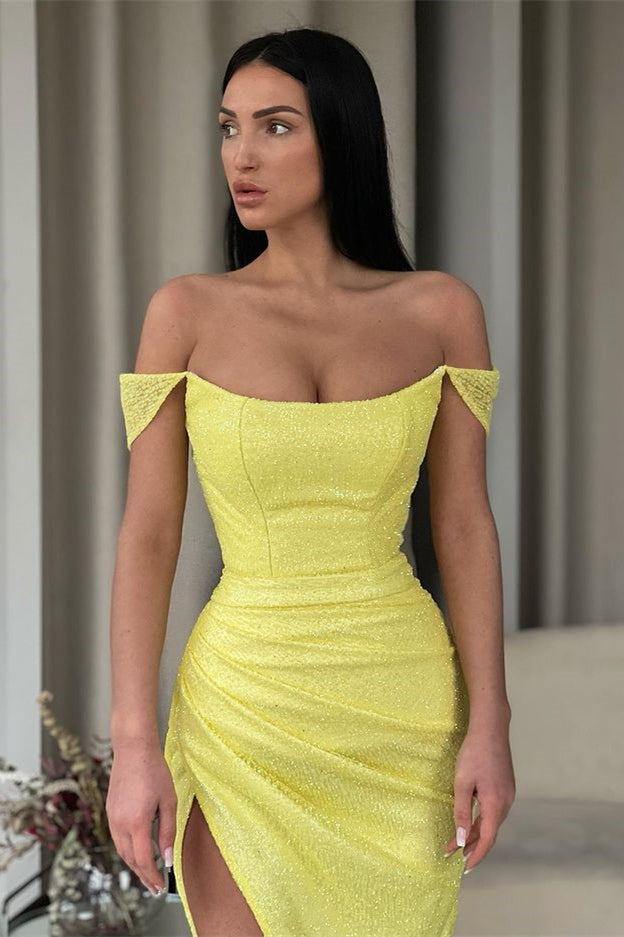
                  
                    Bright Yellow Off-The-Shoulder Mermaid Prom Dress with Split
                  
                