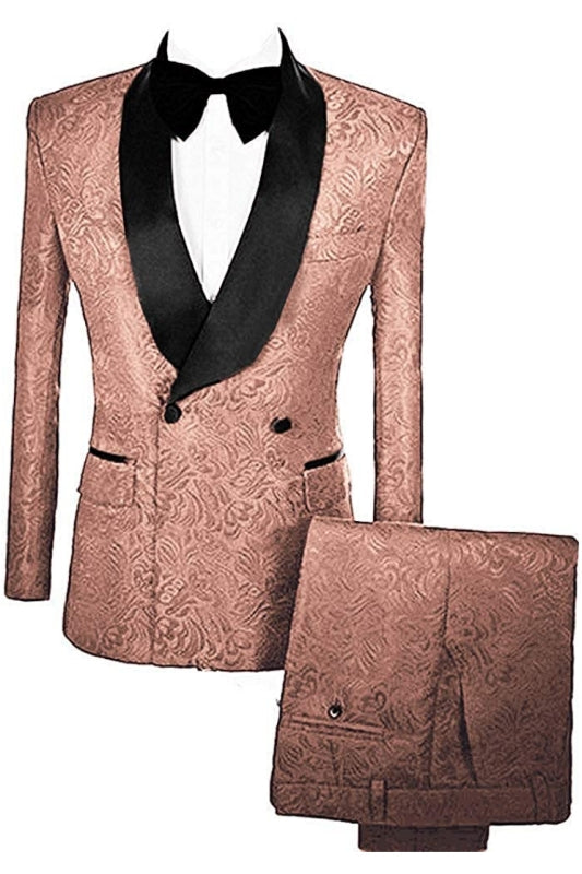 Mason Fancy Brown Double Breasted Jacquard Wedding Suits With Velvet Lapel