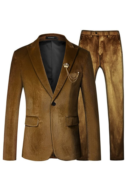 Edison Fancy Brown Peaked Lapel Two Pieces Velvet Men Suits For Prom