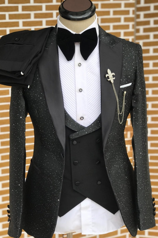 Buck Black Peaked Lapel Three Pieces Sequins Close Fitting Prom Suits