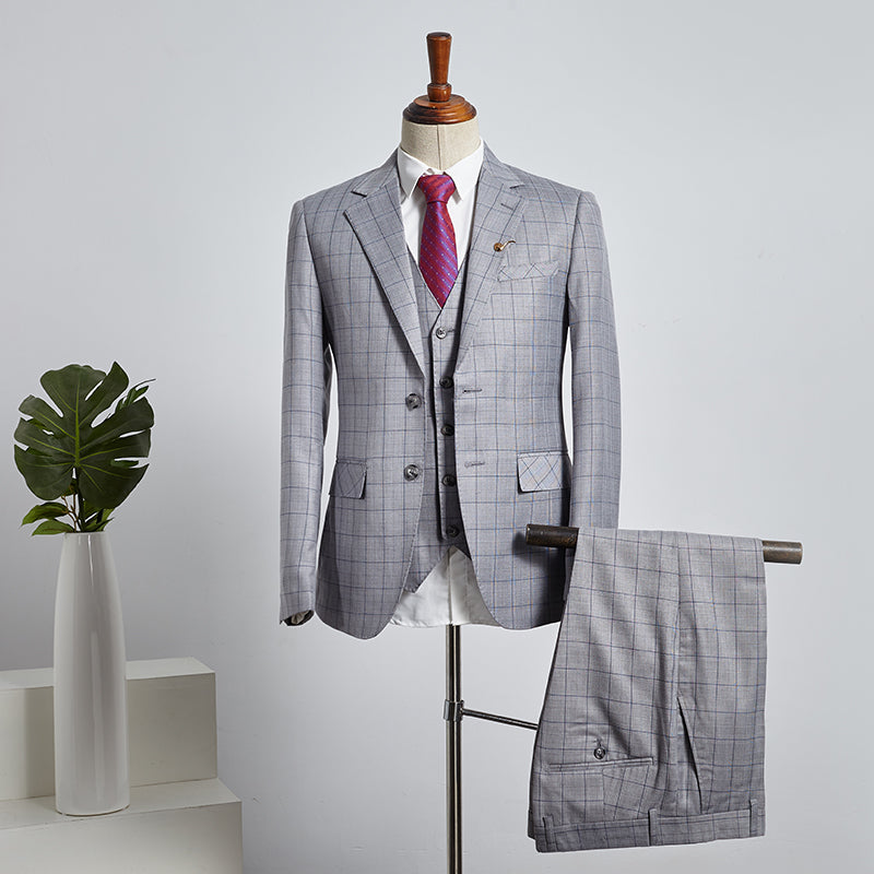 
                  
                    Buck Trendy Gray Plaid 3 Pieces Slim Fit Tailored Business Suit
                  
                