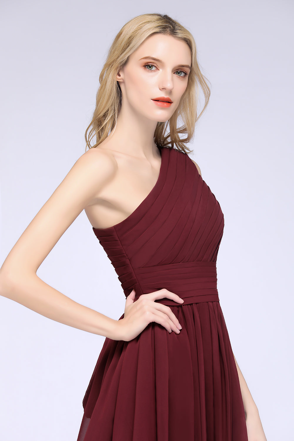 Burgundy A-Line Chiffon One Shoulder Short Bridesmaid Dress with Ruffles Burgundy A-Line Chiffon One Shoulder Short Bridesmaid Dress with Ruffles
