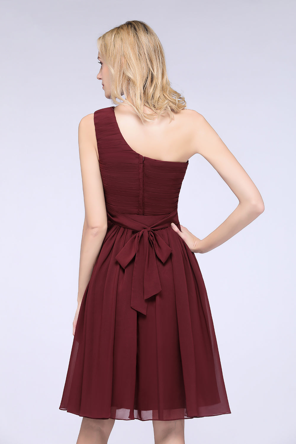 Burgundy A-Line Chiffon One Shoulder Short Bridesmaid Dress with Ruffles Burgundy A-Line Chiffon One Shoulder Short Bridesmaid Dress with Ruffles