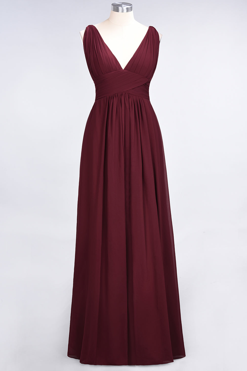 Load image into Gallery viewer, Burgundy A-Line Chiffon V-Neck Long Bridesmaid Dress with Ruffle-BIZTUNNEL
