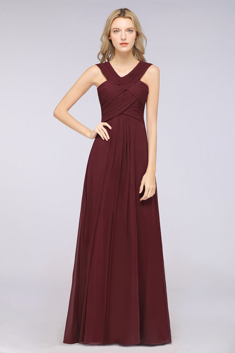Burgundy A-Line Chiffon V-Neck Straps Long Bridesmaid Dress with Ruffles Burgundy A-Line Chiffon V-Neck Straps Long Bridesmaid Dress with Ruffles