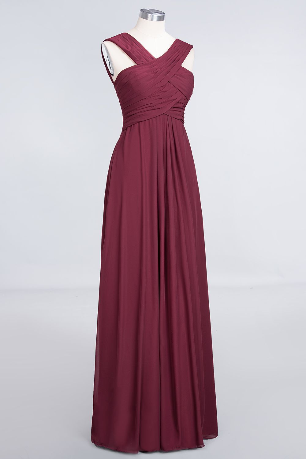 Burgundy A-Line Chiffon V-Neck Straps Long Bridesmaid Dress with Ruffl BIZTUNNEL Burgundy A-Line Chiffon V-Neck Straps Long Bridesmaid Dress with Ruffl BIZTUNNEL