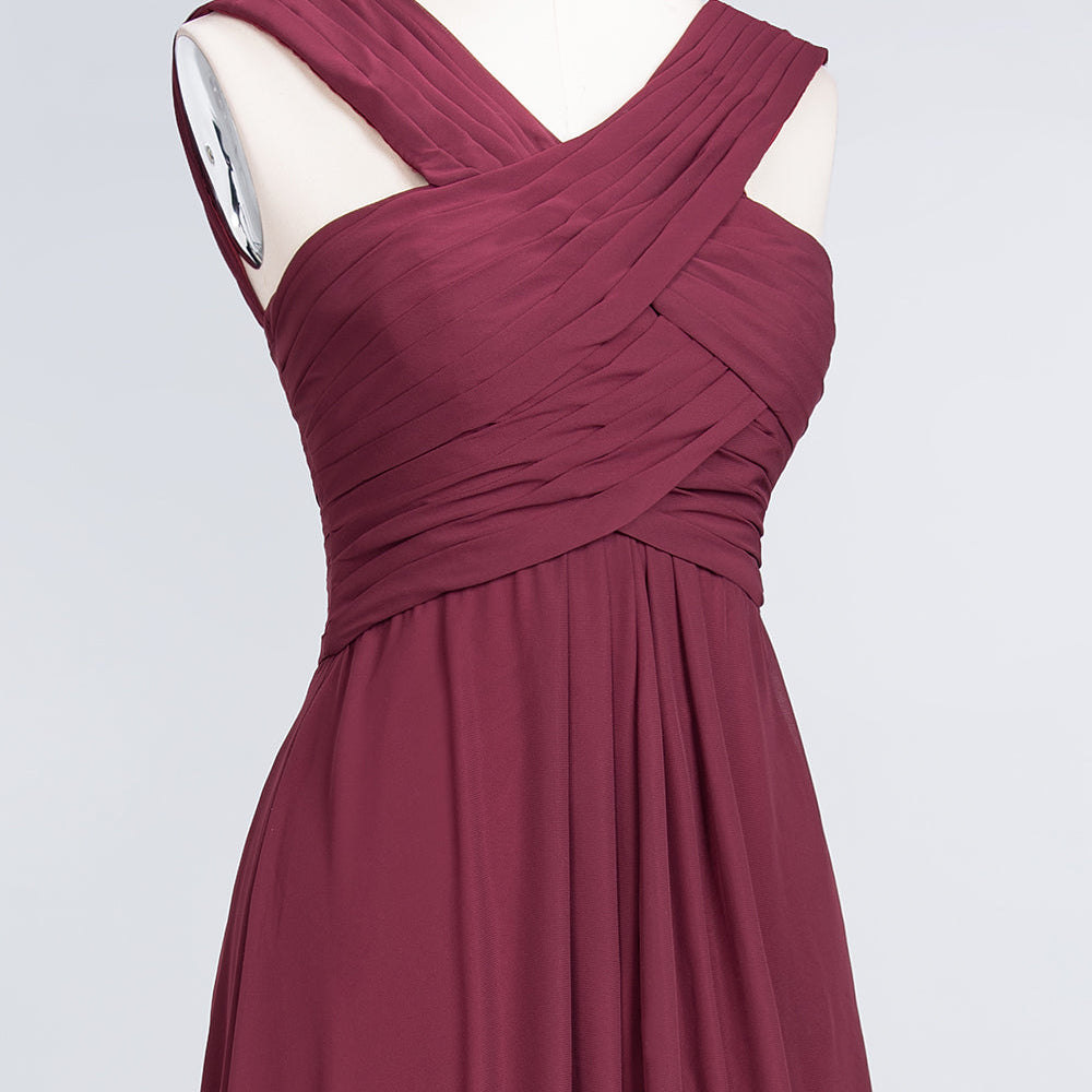 Burgundy A-Line Chiffon V-Neck Straps Long Bridesmaid Dress with Ruffl BIZTUNNEL Burgundy A-Line Chiffon V-Neck Straps Long Bridesmaid Dress with Ruffl BIZTUNNEL