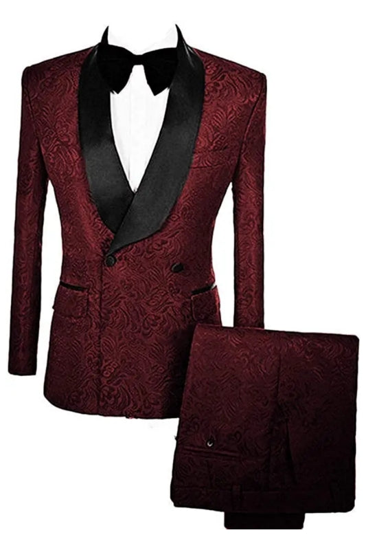 Magee Fancy Burgundy Double Breasted Jacquard Wedding Suits With Velvet Lapel