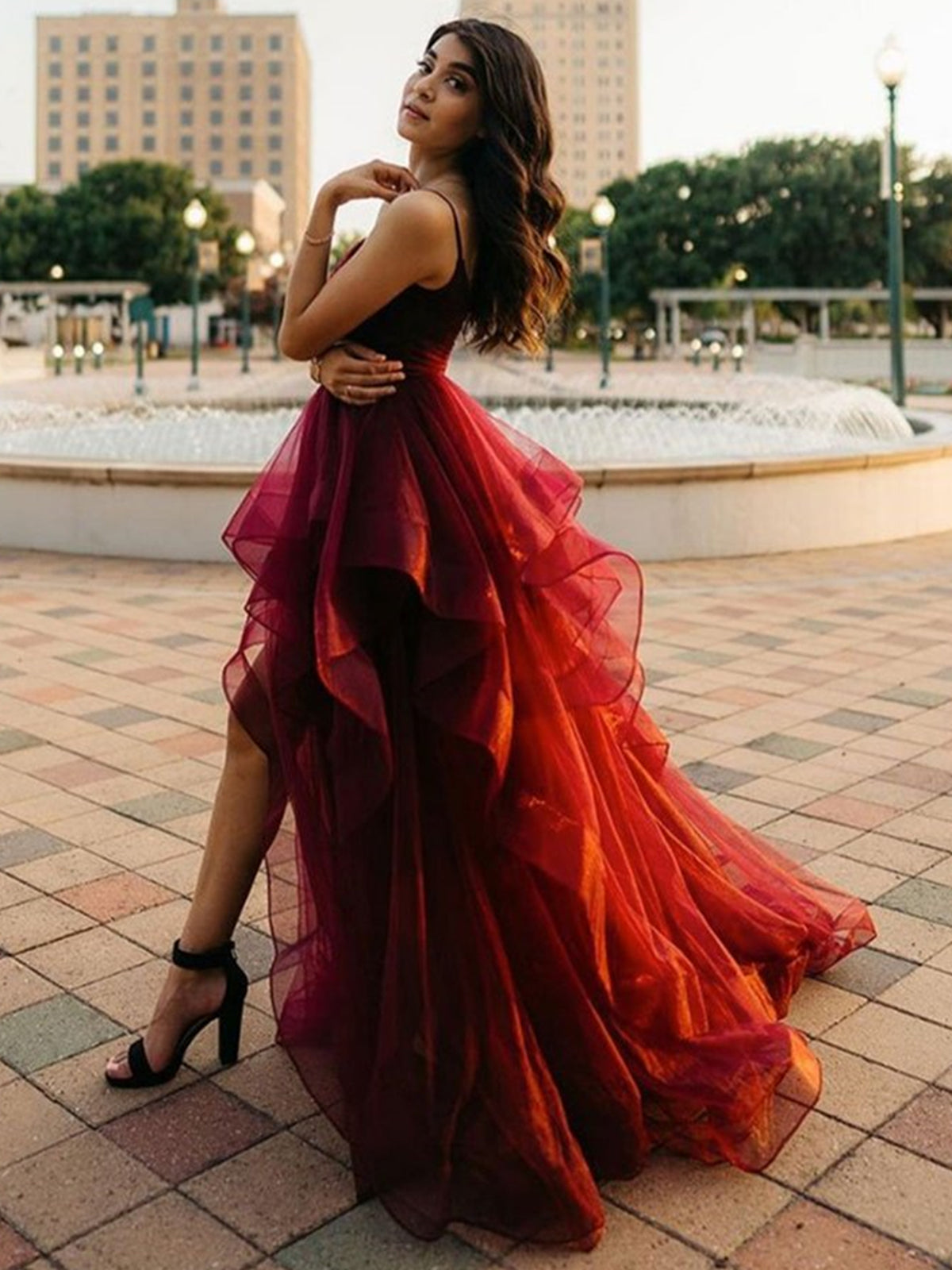 Burgundy High Low A-line Sweetheart Tulle Formal Prom Dresses-BIZTUNNEL