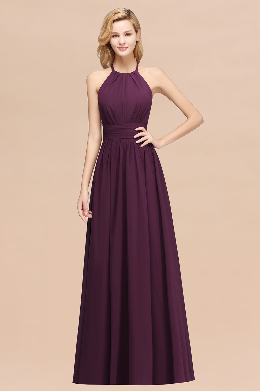 Burgundy Long A-line Chiffon Halter Bridesmaid Dresses with Ruffles BIZTUNNEL Burgundy Long A-line Chiffon Halter Bridesmaid Dresses with Ruffles BIZTUNNEL