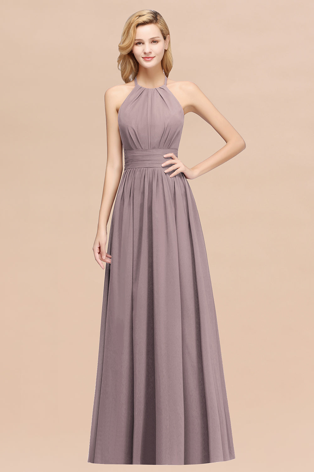 Burgundy Long A-line Chiffon Halter Bridesmaid Dresses with Ruffles BIZTUNNEL Burgundy Long A-line Chiffon Halter Bridesmaid Dresses with Ruffles BIZTUNNEL
