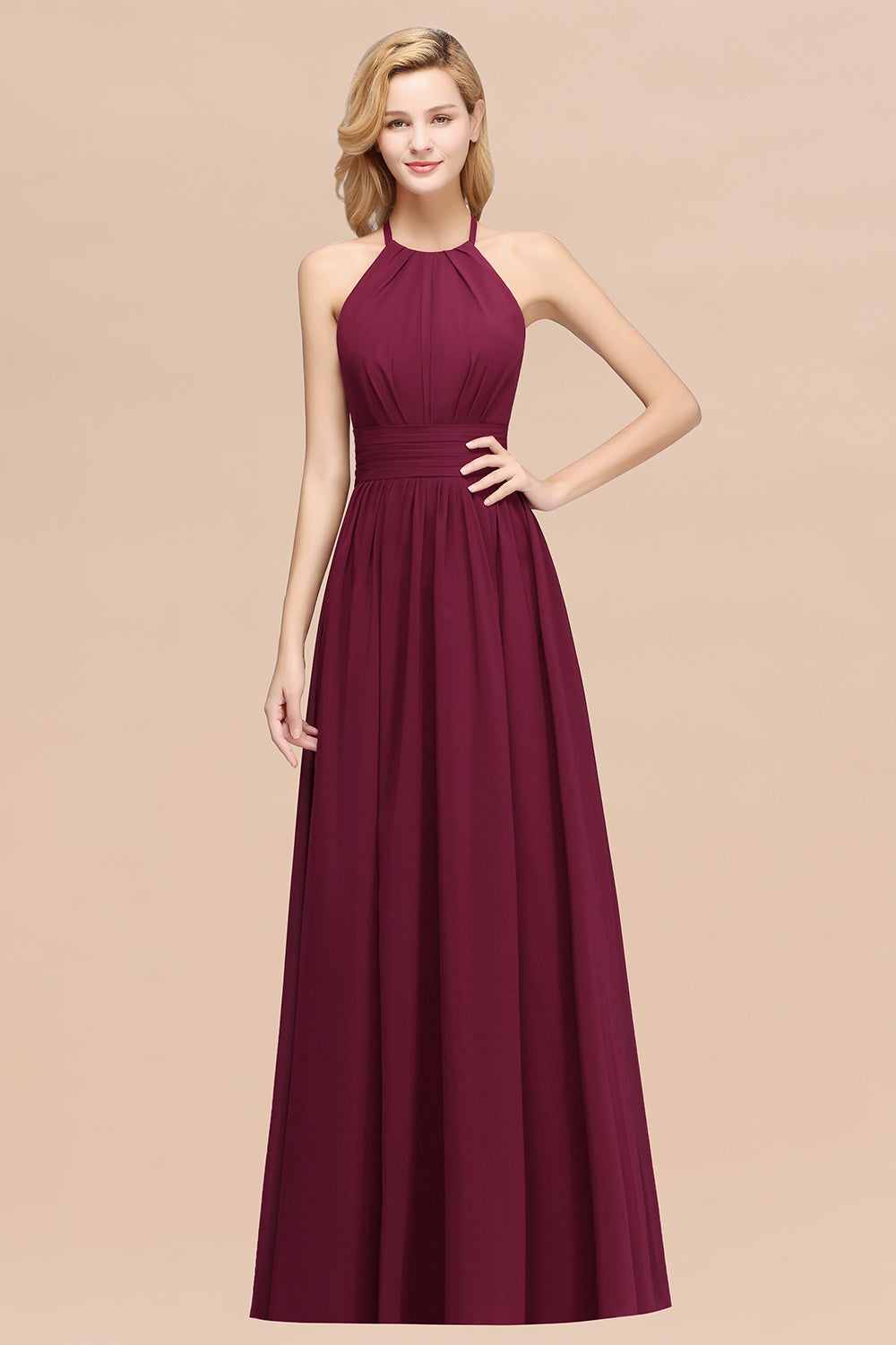 Burgundy Long A-line Chiffon Halter Bridesmaid Dresses with Ruffles BIZTUNNEL Burgundy Long A-line Chiffon Halter Bridesmaid Dresses with Ruffles BIZTUNNEL