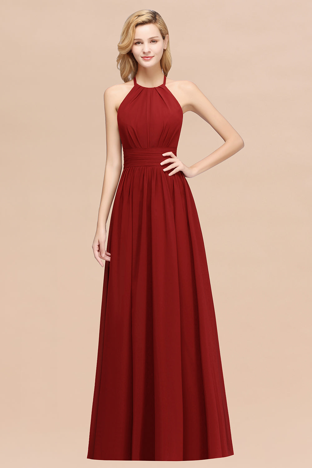 Burgundy Long A-line Chiffon Halter Bridesmaid Dresses with Ruffles BIZTUNNEL Burgundy Long A-line Chiffon Halter Bridesmaid Dresses with Ruffles BIZTUNNEL