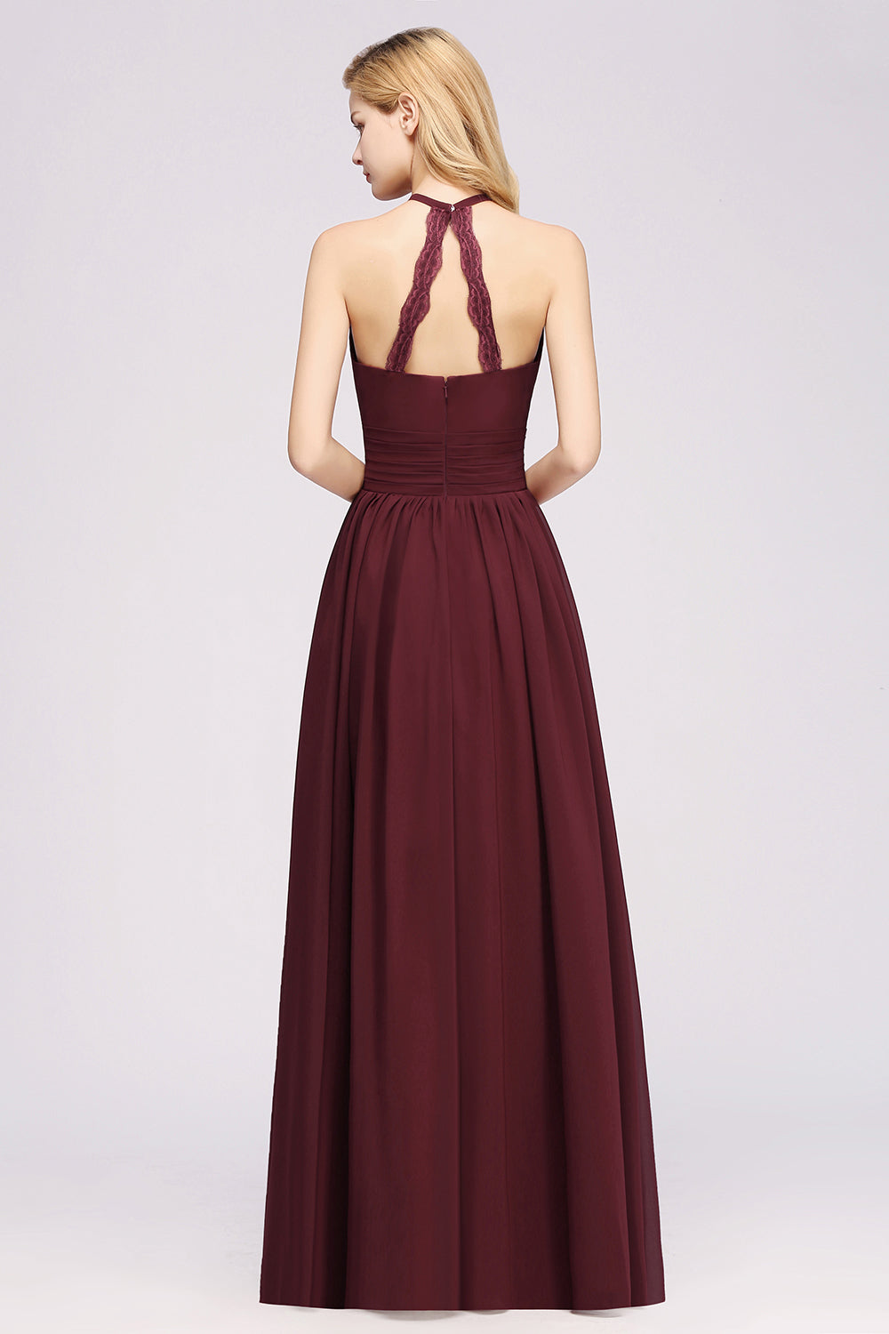 Halter Burgundy Chiffon Long A-line Bridesmaid Dresses main image 0