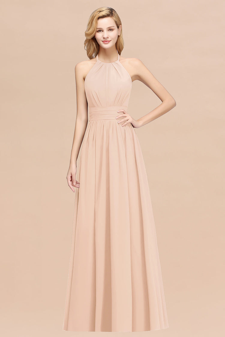 Chiffon Long Bridesmaid Gown with Halter Neck Burgundy Plus Size
