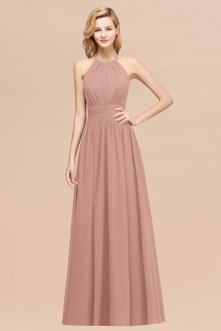 A-Line Halter Burgundy Long Bridesmaid Dress