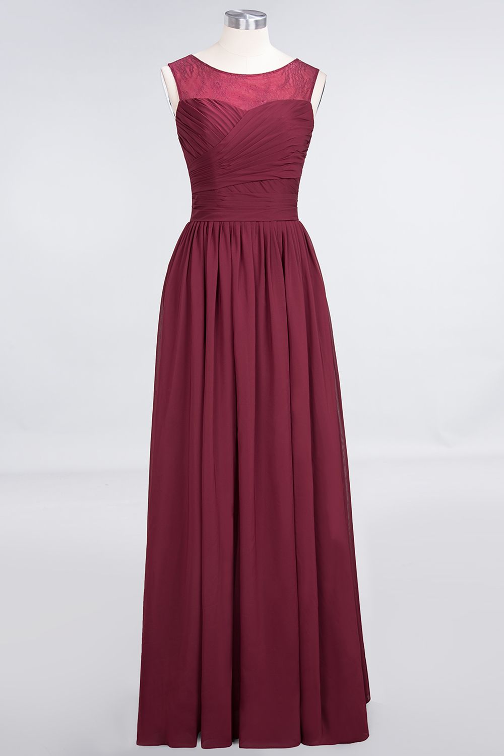 Burgundy Long A-Line Chiffon Tulle Lace Bridesmaid Dress with Ruffle-BIZTUNNEL