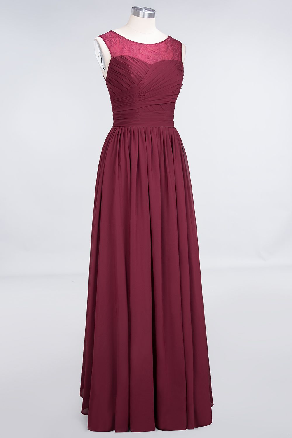 Burgundy Long A-Line Chiffon Tulle Lace Bridesmaid Dress with Ruffle-BIZTUNNEL