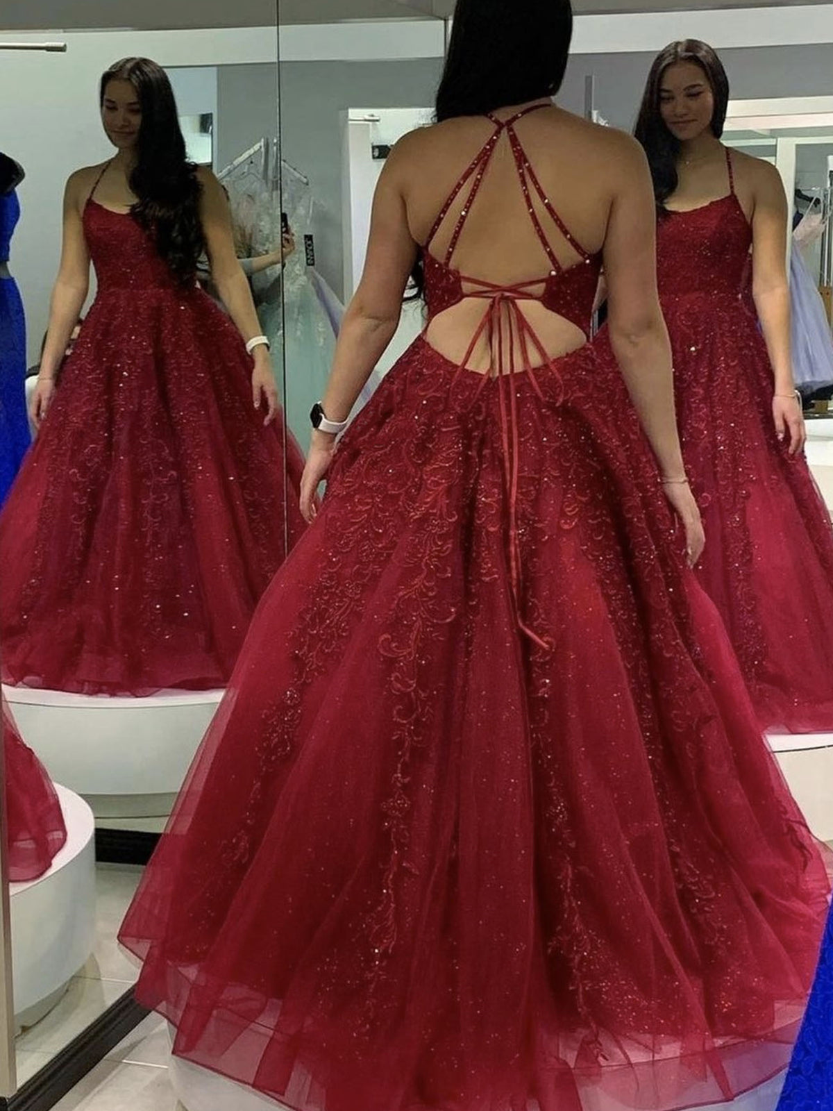 Burgundy Long A-line Tulle Lace Open Back Formal Prom Dress-BIZTUNNEL