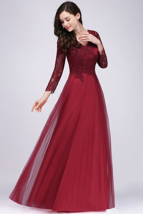 Burgundy Long A-line V-Neck Lace Tulle Bridesmaid Dresses with Sleeves-BIZTUNNEL