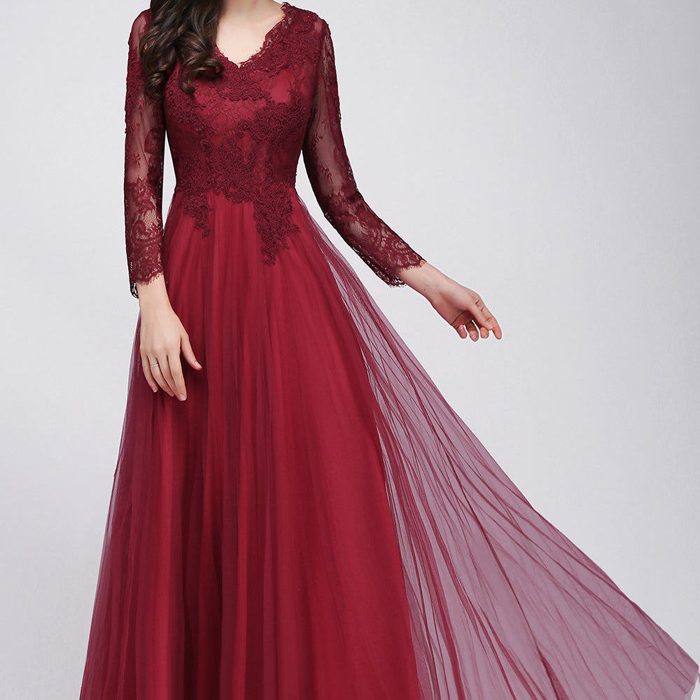 Burgundy Long A-line V-Neck Lace Tulle Bridesmaid Dresses with Sleeves