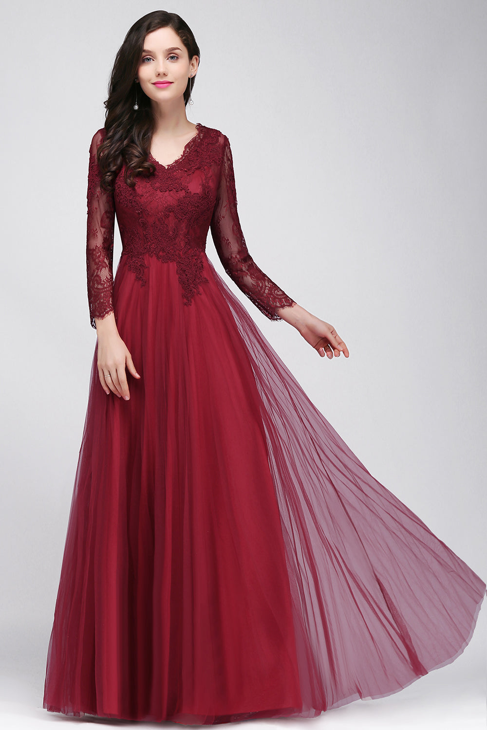 Burgundy Long A-line V-Neck Lace Tulle Bridesmaid Dresses with Sleeves-BIZTUNNEL