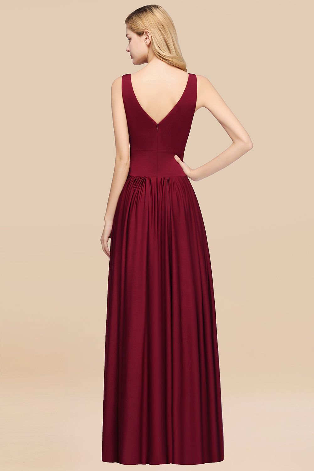 Burgundy Long A-Line V-Neck Sleeveless Ruffles Bridesmaid Dress with Slit-BIZTUNNEL