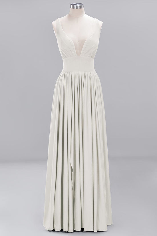 Burgundy Long A-Line V-Neck Sleeveless Ruffles Bridesmaid Dress with Slit-BIZTUNNEL