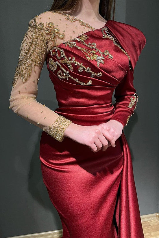 Burgundy Long Mermaid Asymmetrical Ruffles Satin Tulle Prom Dress with Sleeves-BIZTUNNEL