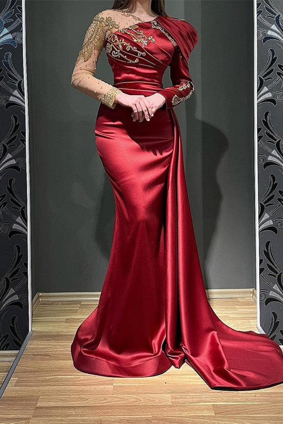 Burgundy Long Mermaid Asymmetrical Ruffles Satin Tulle Prom Dress with Sleeves-BIZTUNNEL