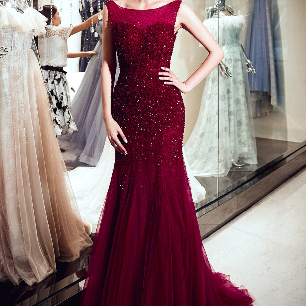 Burgundy Long Mermaid Tulle Sequined Evening Dresses – BIZTUNNEL