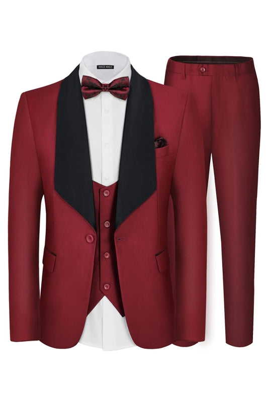 George Fashion Burgundy Shawl Lapel Three Pieces Men Suits For Wedding