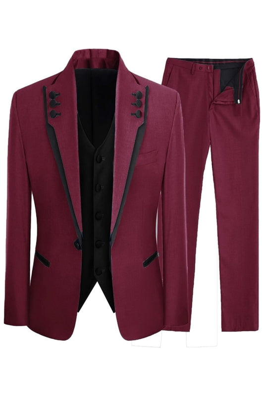 Jean Burgundy Shawl Lapel Three Pieces New Arrival Prom Suits