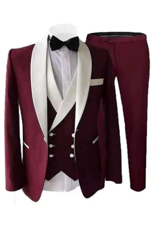 Lucien Bespoke Burgundy Shawl Lapel Three Pieces Wedding Suits