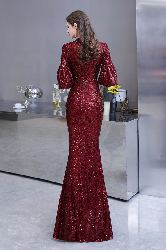 Burgundy Short Sleeve Sequins Long Prom Dress-BIZTUNNEL