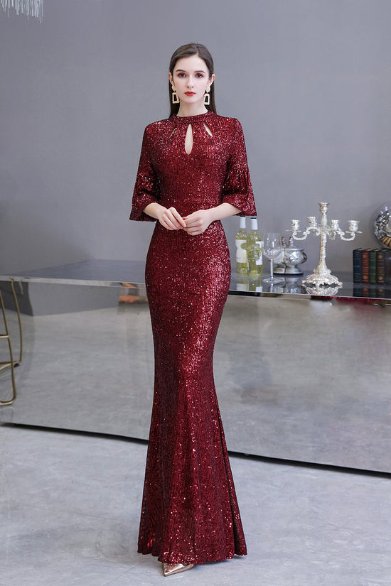 Burgundy Short Sleeve Sequins Long Prom Dress-BIZTUNNEL