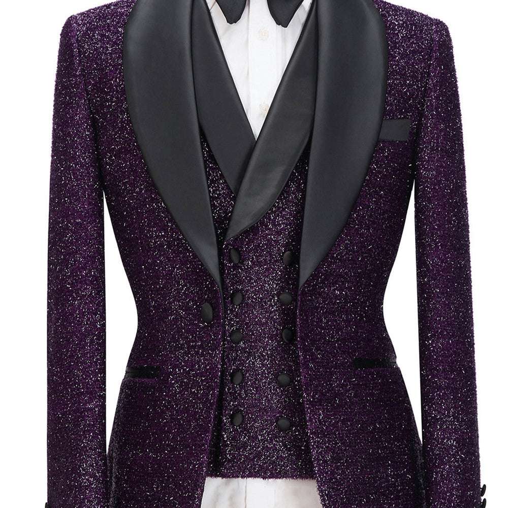 Caleb Bespoke Dark Purple Sparkle Shawl Lapel 3-Pieces Men Suits