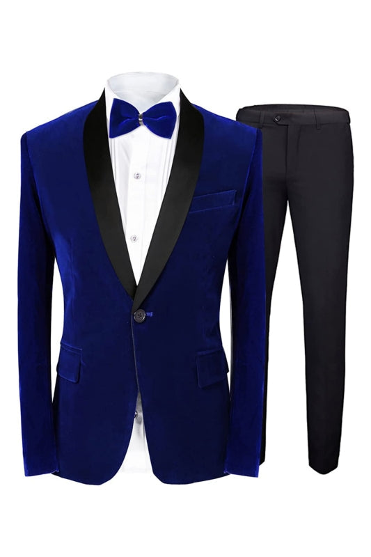 Calvin Fashion Royal Blue Shawl Lapel Two Pieces Velvet Suits For Men