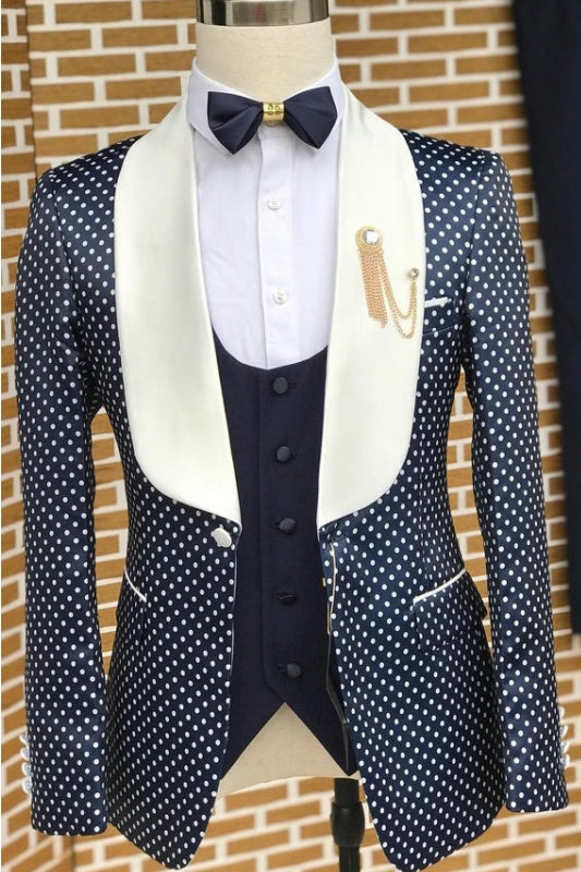 Carlson Fashion Navy Blue Shawl Lapel Three Pieces Dot Wedding Suits